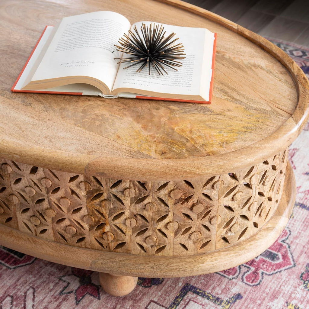 Powell Sympico Natural Stained Mango Wood Sympic Oval Coffee Table with Carved Details