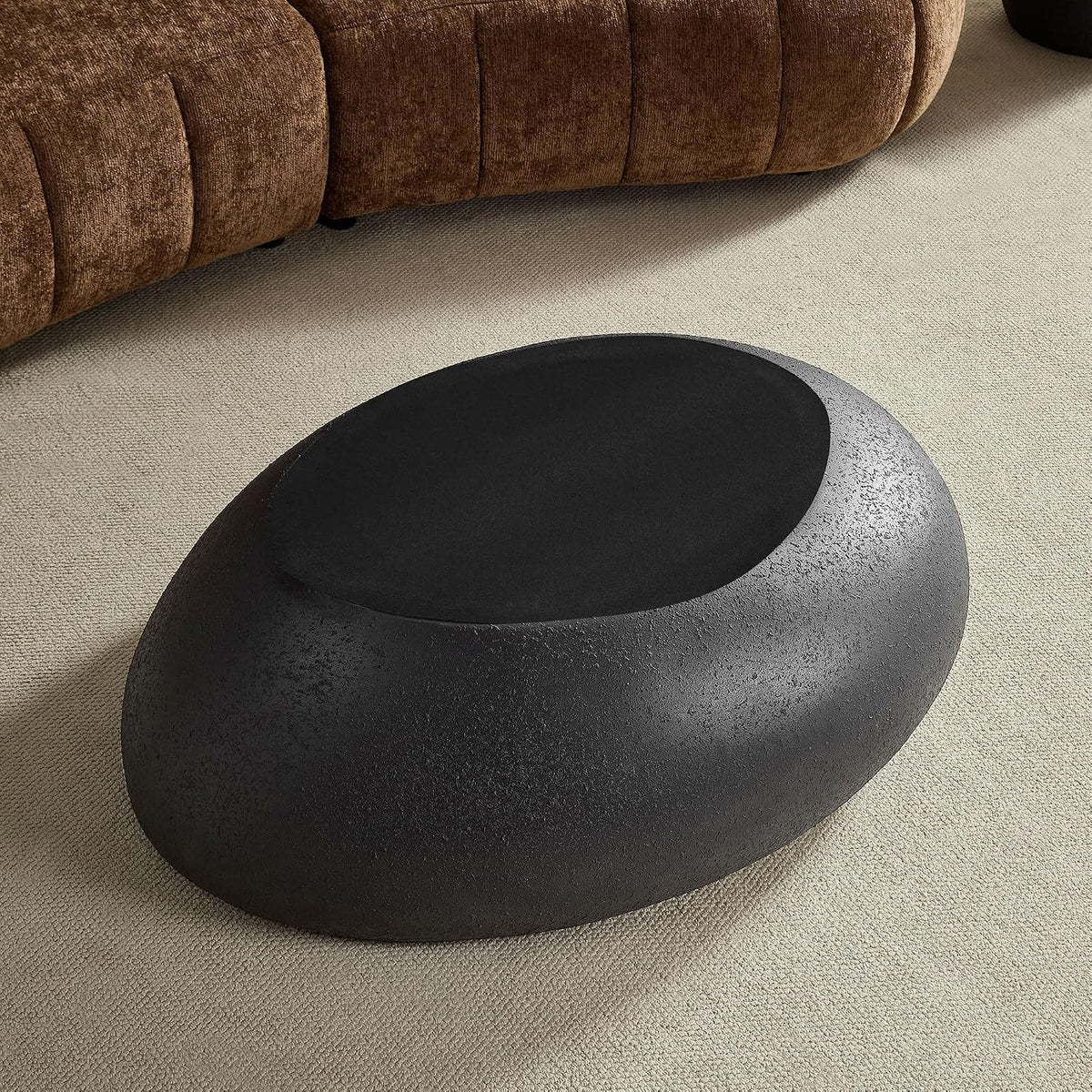 43.31' Oval Coffee Table, Modern Faux Stone Circle Center Tables Accent Drum End Side Table for Living Room, No Installation Required,Cream Black