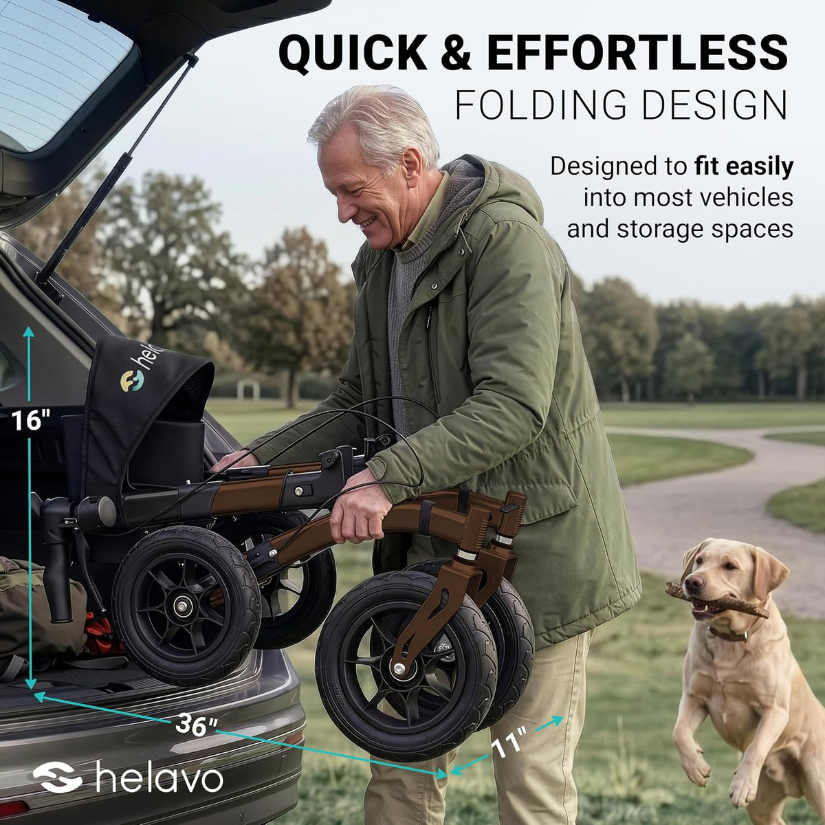 Helavo All Terrain Walker Rollator with 12' Pneumatic Tires – Foldable Outdoor Walkers for Seniors with Seat, Lightweight & Adjustable Height, Shock-Absorbing for Comfort on Any Surface