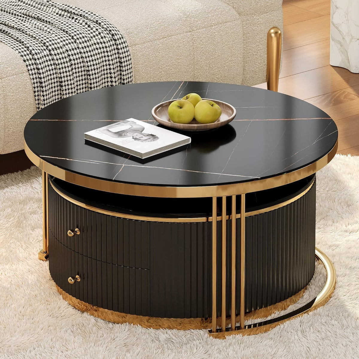 27.6' Black Nesting Coffee Table Set of 2, Modern Round White Coffee Table for Living Room with Storage Drawer Marble Tabletop End Side Table for Bedroom