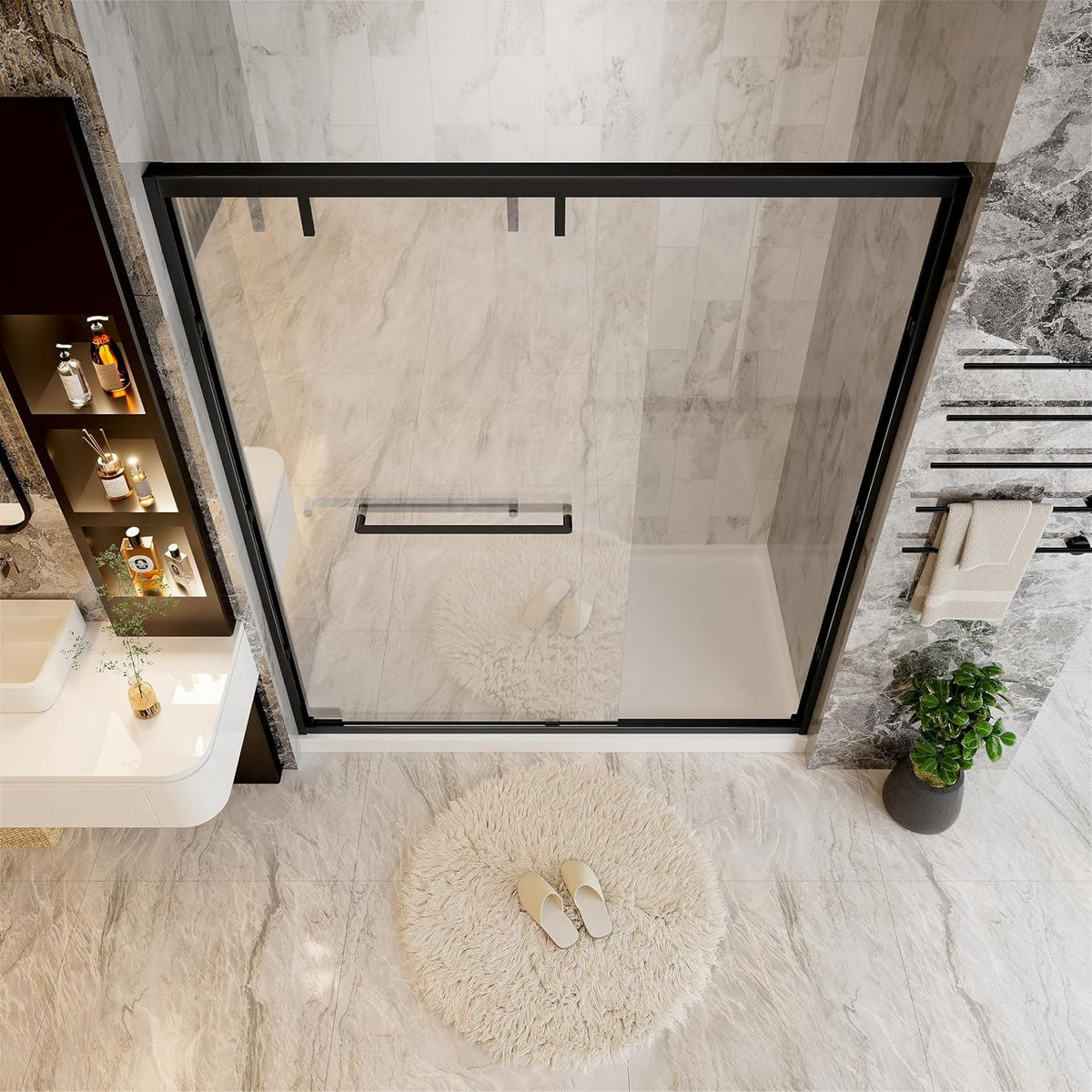 62-66 in. W x 76 in. H Semi-Frameless Double Sliding Shower Door, 2 Bypass Glass Shower Door, with 5/16' (8mm) SGCC Tempered Glass, Matte Black