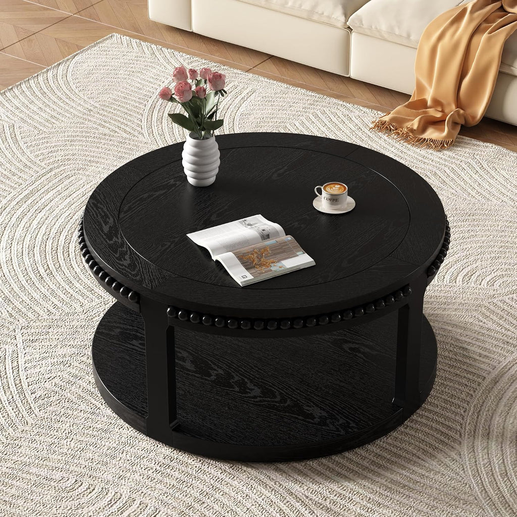 Round Coffee Table for Living Room 31.5' W Small Coffee Tables with Storage Shelf 2-Tier Modern Design Industrial Circle Wood Center Home Furniture Apartment Office Black