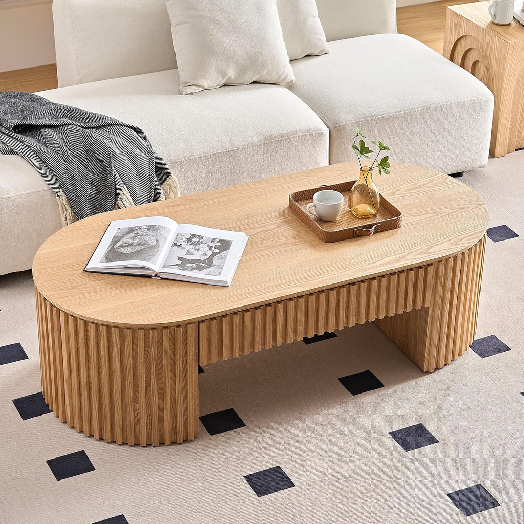 51.18'' Oval Coffee Table for Living Room Fluted Center Table with Drawer, Mid Century Modern Coffee Tables, Easy Assembly for Office Storage Tea Table Oak