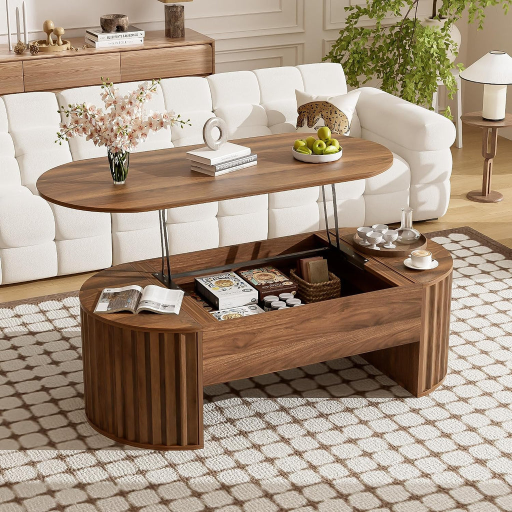 Lift Top Coffee Table with Storage Hidden Compartment, Partially Assembled Wooden Fluted Center Table, 47.2' Modern Oval Smart Lift Tabletop for Home Living Room Office-Brown