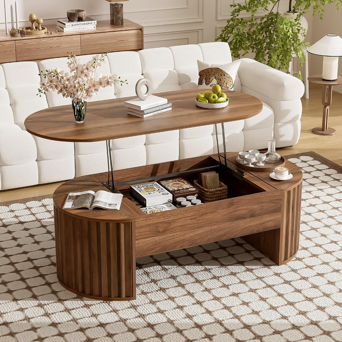 Lift Top Coffee Table with Storage Hidden Compartment, Partially Assembled Wooden Fluted Center Table, 47.2' Modern Oval Smart Lift Tabletop for Home Living Room Office-Brown