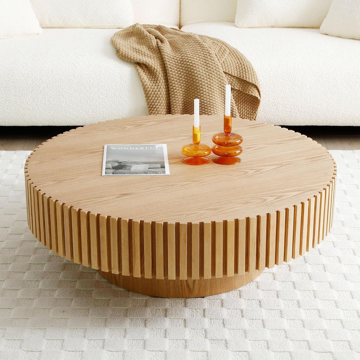 39.37' Round Coffee Table Wood, Modern Unique Oak Circle Coffee Table, Contemporary Drum Wooden Fluted Coffee Table Side Center Table for Living Room,Apartment,Office, Natural Ash