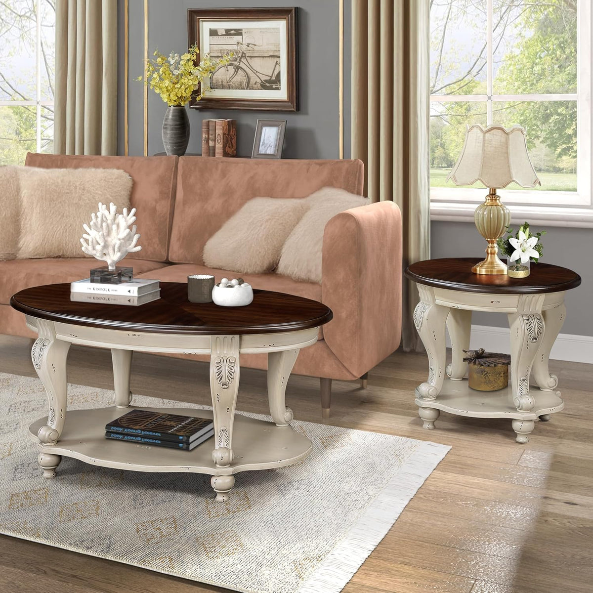 42'' Oval Wood Coffee Table for Living Room, 2-Tier Solid Wood Cocktail Table with Open Storage Shelf, Easy Assembly (Antique White, 42'')