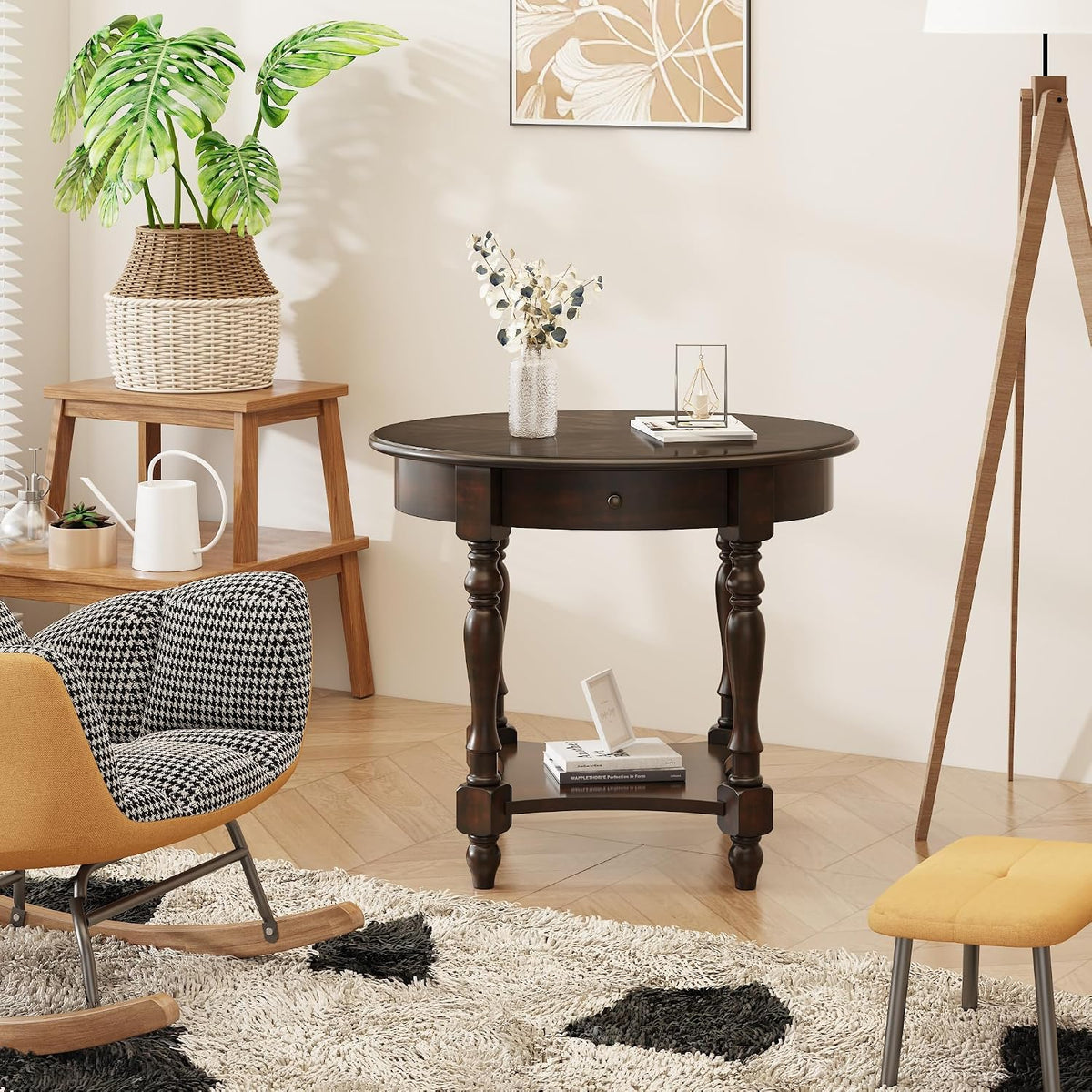 Oval End Table with Drawer, Solid Wood Sofa Side Table with Storage Shelf, Traditional Living Room Corner Table, Nightstand, Easy Assembly 28' x 22' x 24' Retro Walnut CJZ2233DC