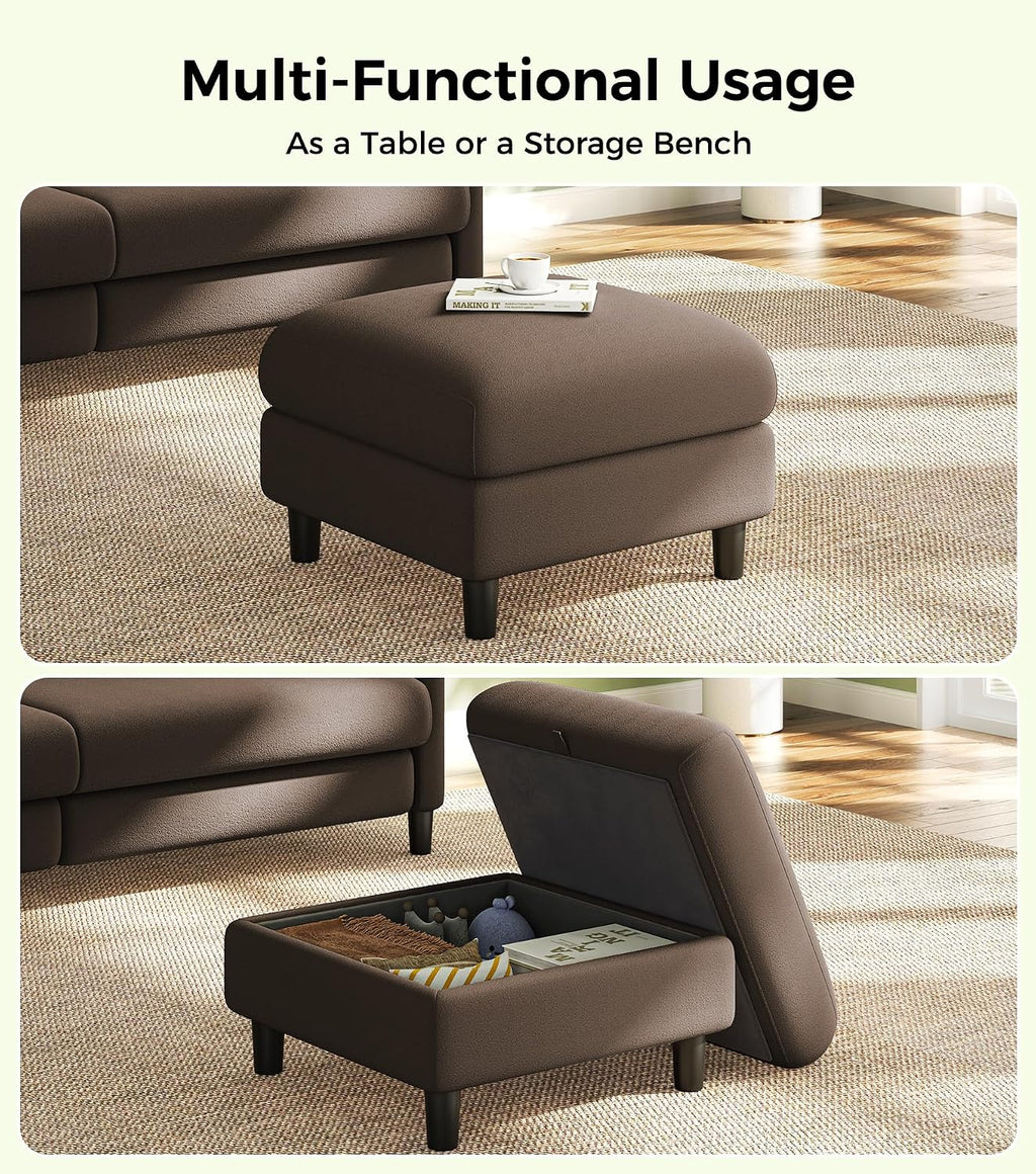 Welzona Teddy Storage Ottoman, 26.7' Large Living Room Ottoman, All-Wood Coffee Table Ottomans with Storage, Tool-Free Setup Ottomans for Living Room, Bench for Bedroom, Brown