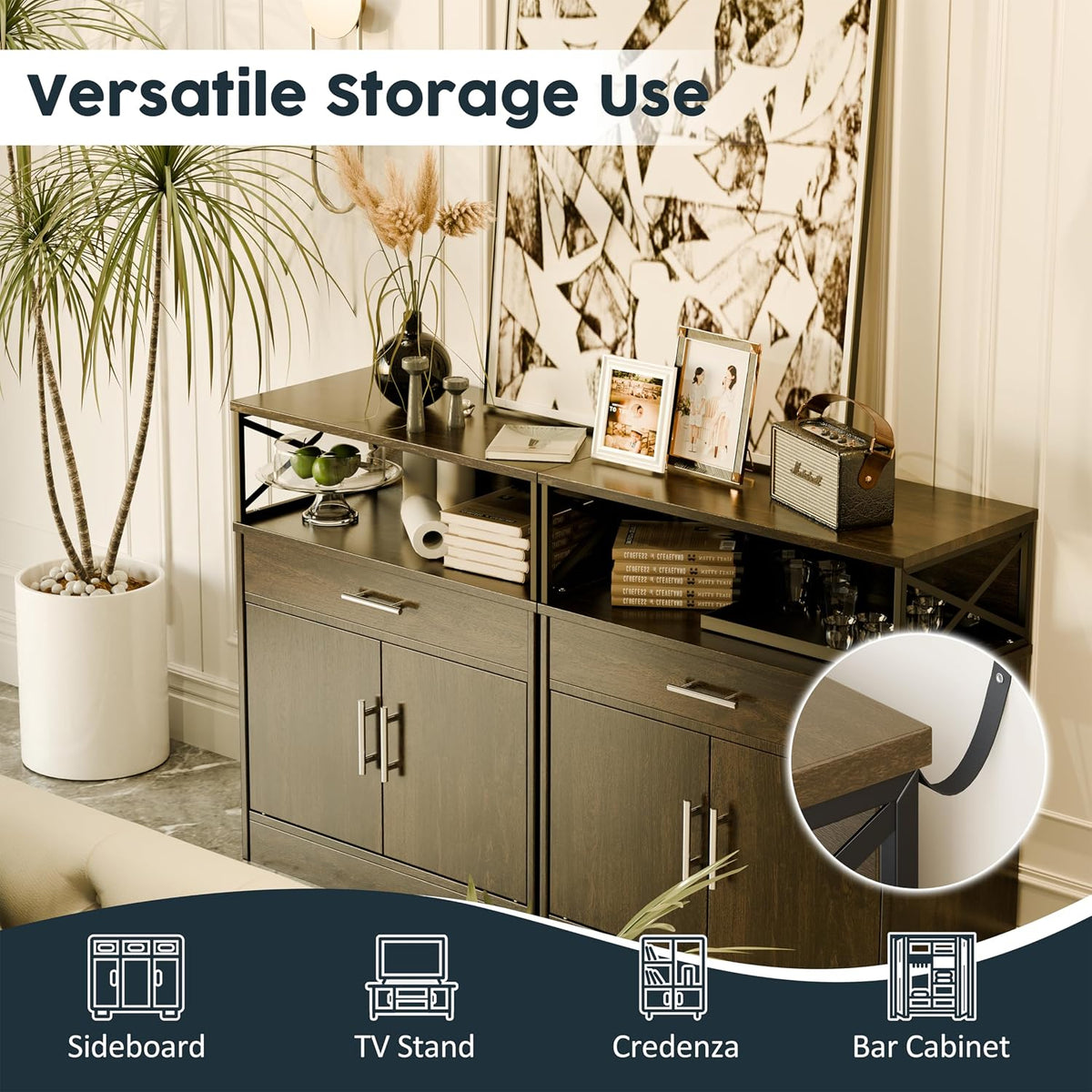 SUNLEI Kitchen Buffet Sideboard Cabinet, Storage Cabinets with 2 Doors and 1 Drawers, Open Storage & Adjustable Shelf, Farmhouse Coffee Bar Cabinet with Storages for Kitchen, Rustic Brown