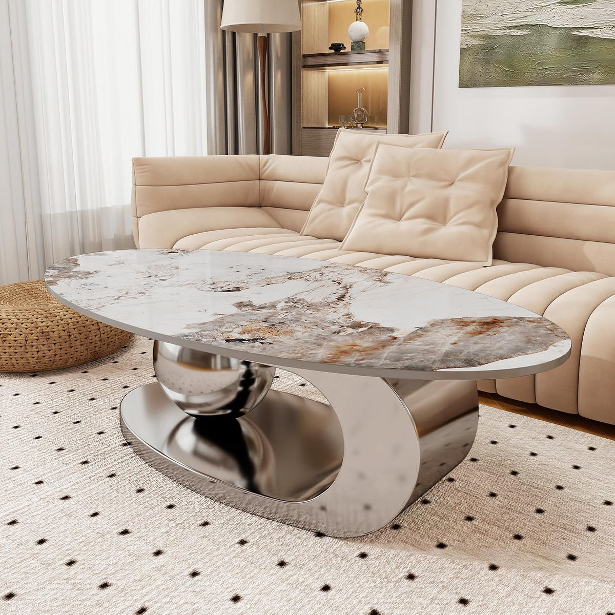 Marble Texture Coffee Table for Living Room,Modern Oval Coffee Table with Silver Stainless Steel Base for Office