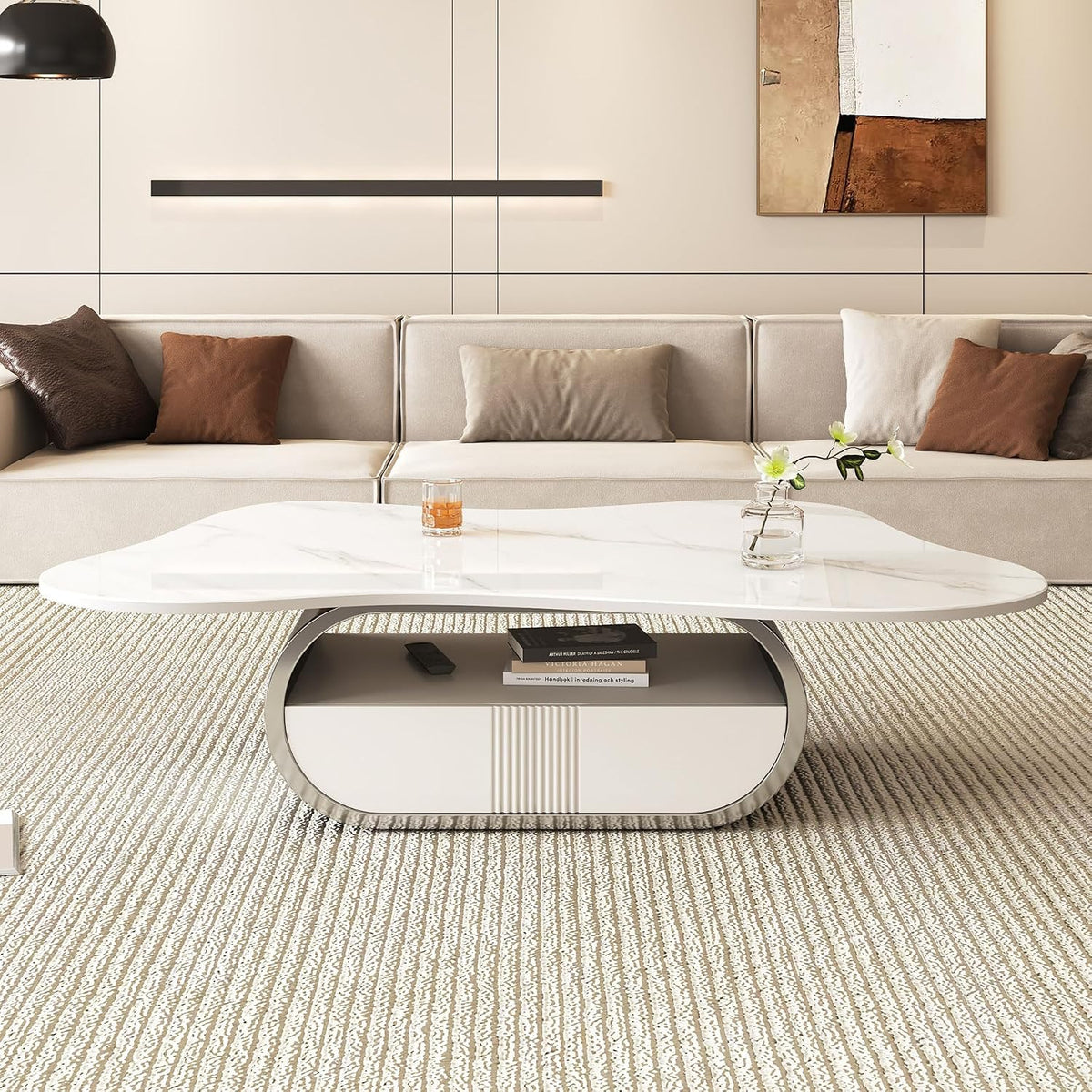 SSLine Modern Cloud Coffee Table Luxury Sintered Stone Top Coffee Table with Sculptural Geometric Stainless Steel Base and Storage Drawer,White Marble Grain Center Table for Living Room,Grey