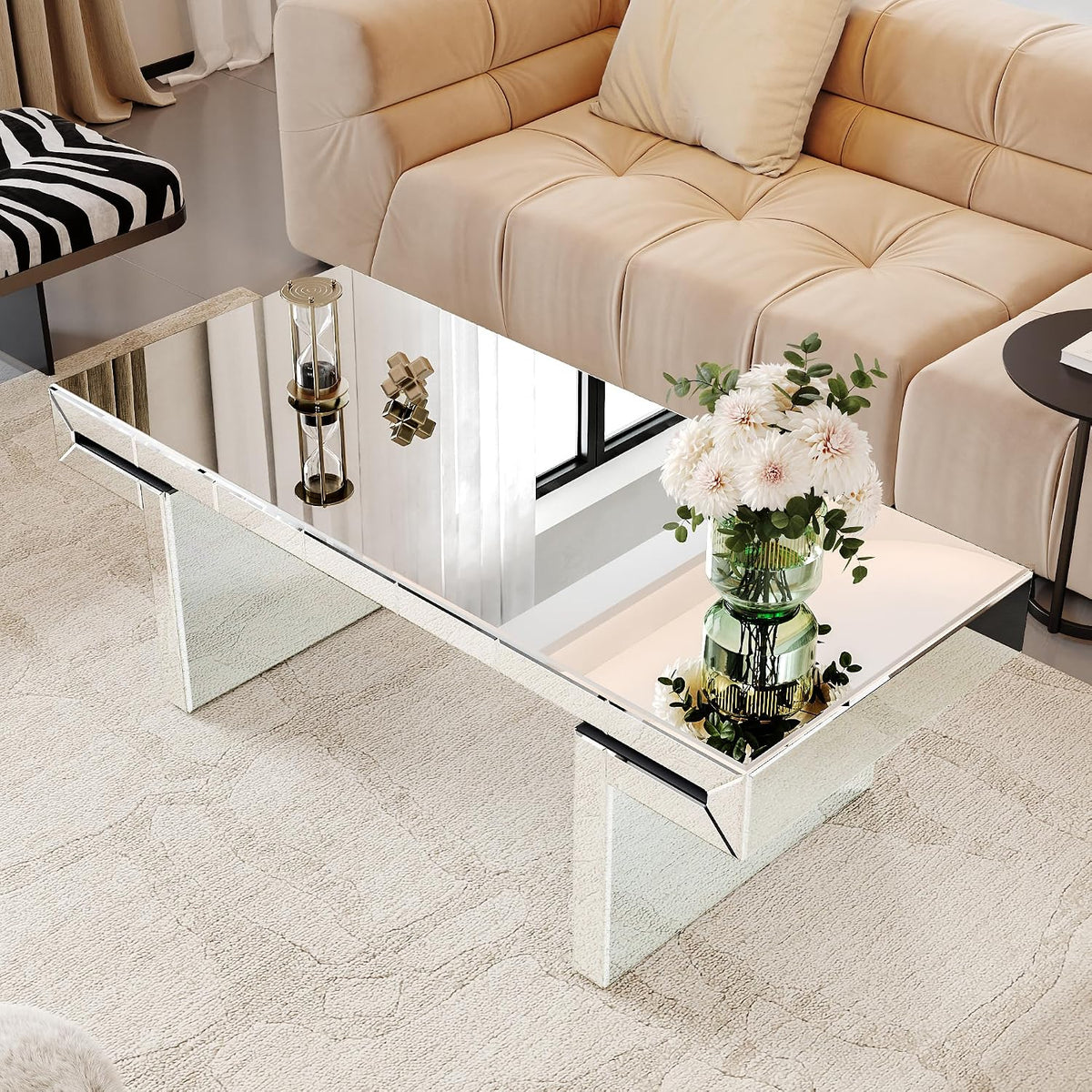 Modern Mirrored Coffee Table for Living Room Luxury Fluted Mirror Cocktail Center Table with Silver Finish 47' Rectangular Coffee Table for Home Office