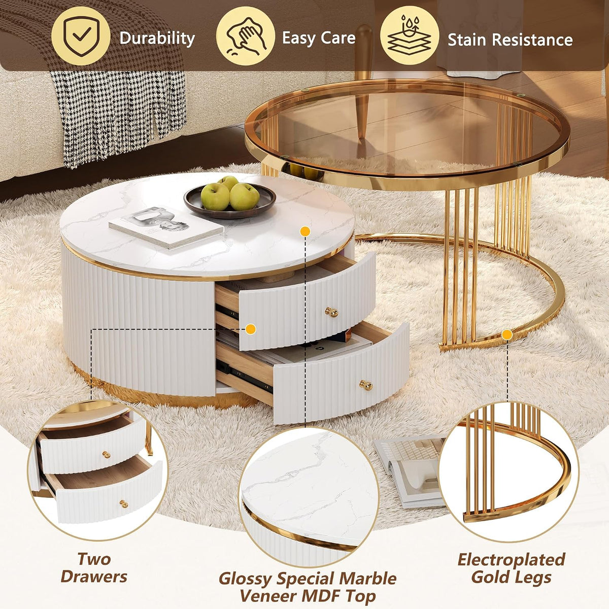 27.6' Brown Nesting Coffee Table Set of 2, Modern Round White Coffee Table for Living Room with Storage Drawer Marble Tabletop End Side Table for Bedroom