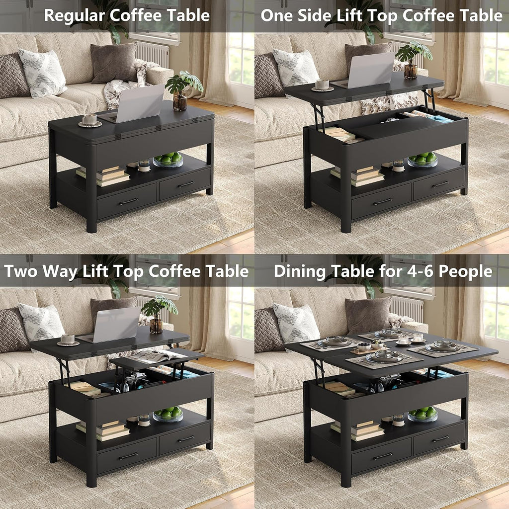 Lift Top Coffee Table, Converts to Dining Table for Living Room, Home Office, 4 in 1 Coffee Table with Storage, Center Table with Drawers and Hidden Compartment, Black