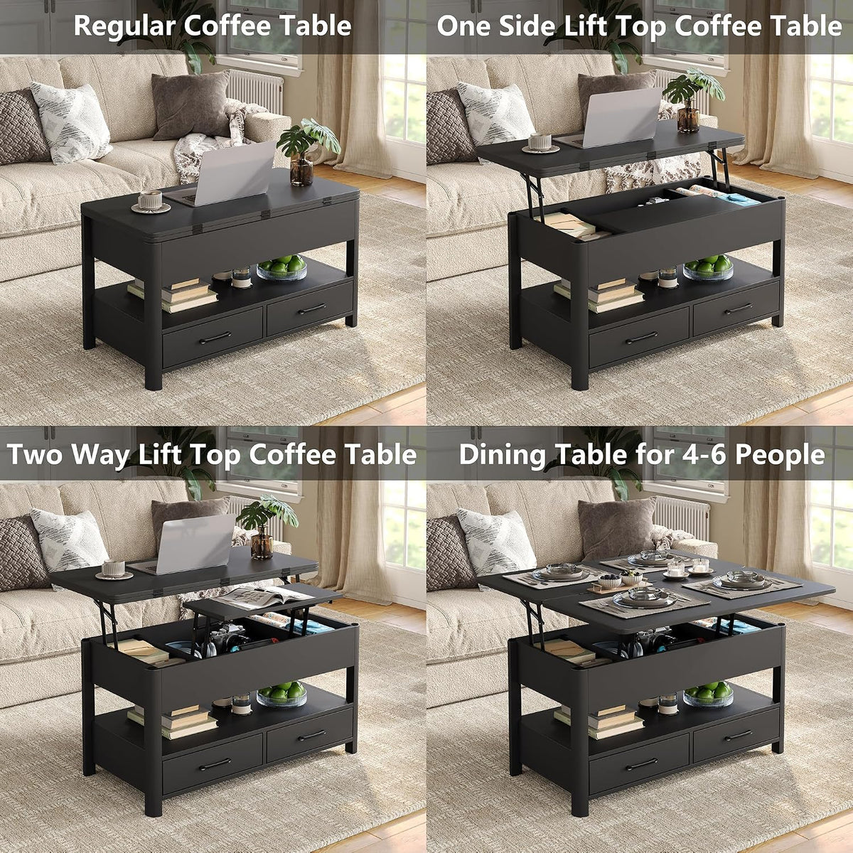 Lift Top Coffee Table, Converts to Dining Table for Living Room, Home Office, 4 in 1 Coffee Table with Storage, Center Table with Drawers and Hidden Compartment, Black