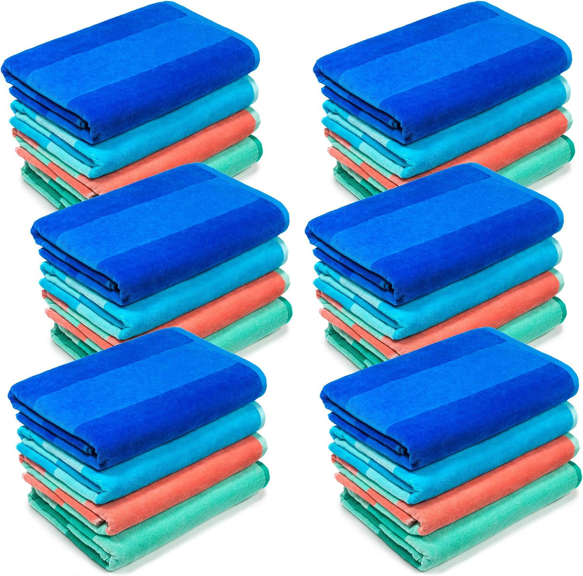 Beachland Soft Beach Towel 30 x 60 inch Cabana Stripe Hotel Pool and Resort - Two Tone Absorbent 100% Cotton (Royal-Turquoise-Coral-Mint, 24 Pack)