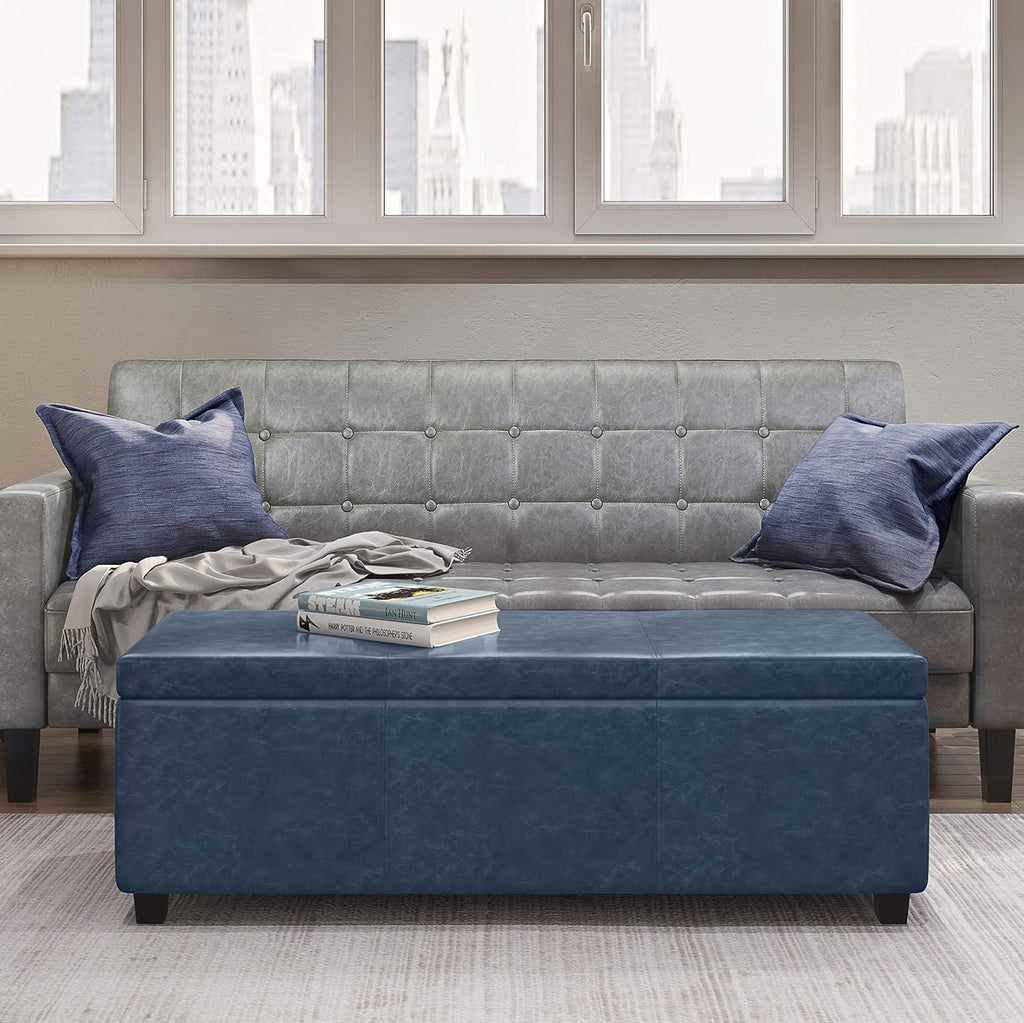 SIMPLIHOME Avalon Storage Ottoman Bench - 48' Wide x 16' High Upholstered Vegan Leather Rectangular Lift-Top Ottoman in Denim Blue, Contemporary Storage Bench for Living Room with High-Density Foam