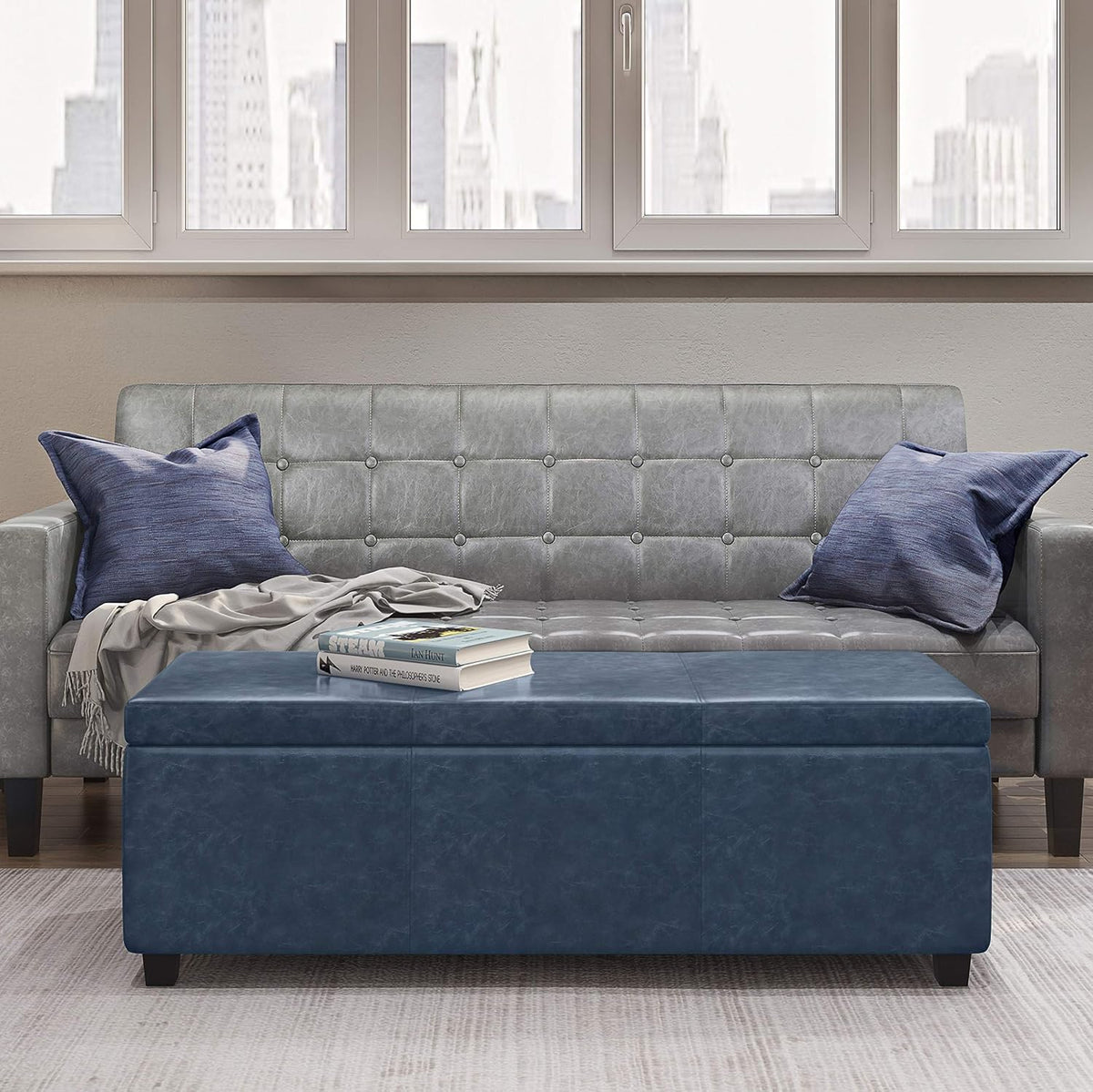 SIMPLIHOME Avalon Storage Ottoman Bench - 48' Wide x 16' High Upholstered Vegan Leather Rectangular Lift-Top Ottoman in Denim Blue, Contemporary Storage Bench for Living Room with High-Density Foam