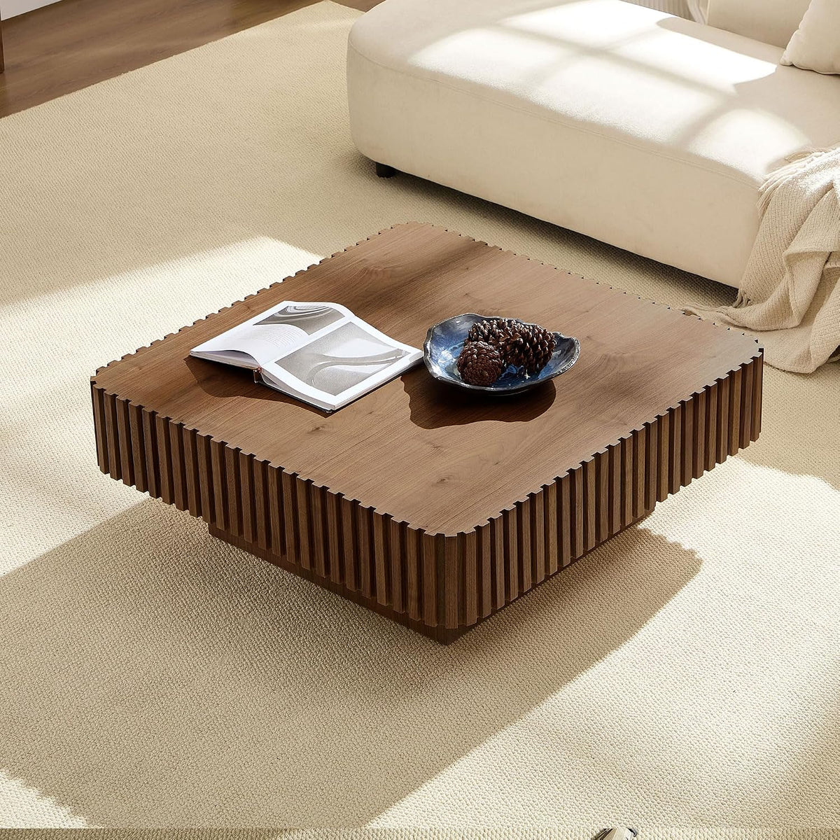 35.43' Modern Handcraft Square Drum Coffee Table for Living Room,Small Wooden Coffee Table with Sturdy MDF Pedesta, Walnut Color