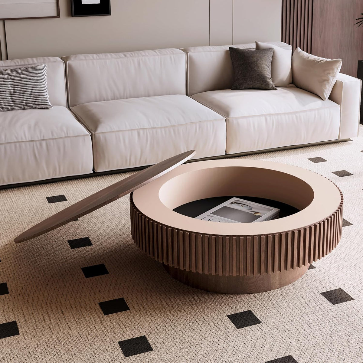39.37' Round Wood Coffee Table,Modern Coffee Table with Storage for Living Room,Solid Wood Drum Coffee Table Circle Fluted Coffee Table Accent Side Table for Apartment,Office, Easy Assembly,Walnut