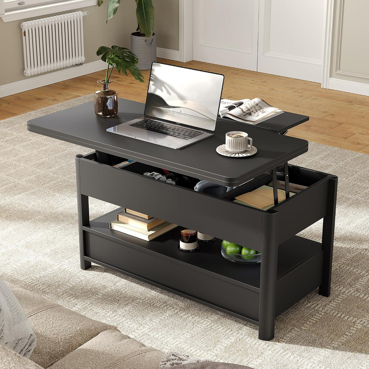 Lift Top Coffee Table, Converts to Dining Table for Living Room, Home Office, 4 in 1 Coffee Table with Storage, Center Table with Drawers and Hidden Compartment, Black