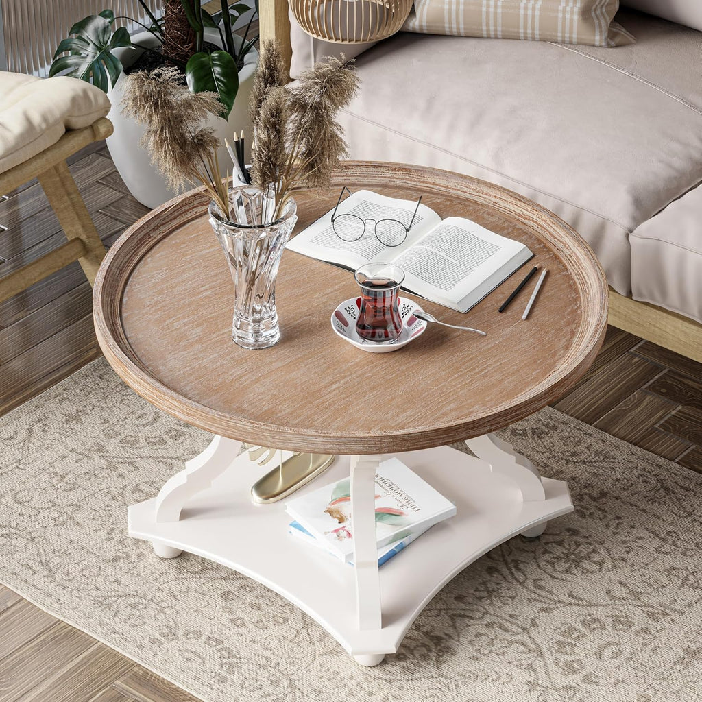 Round Farmhouse Coffee Table with Handmade Finish, Wood Tray Top Rustic Coffee Table for Added Thickness, Accent Table with Storage for Living Room, Small Place, White, Circle