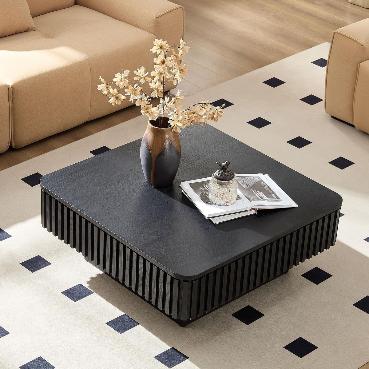 Coffee Table with Lifting Top Storage for Living Room,Fluted Lift Top Coffee Tables with Storage Solid Wood Center Table 35.43' Modern Square Lift Pull Up Tabletop for Apartment Office,Black