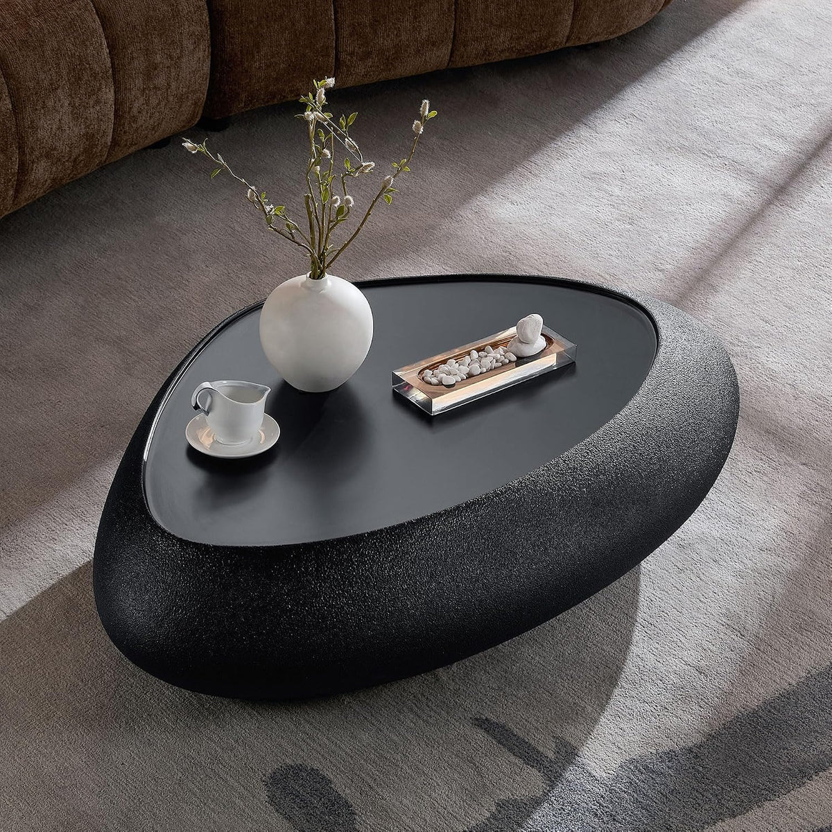 45.28' Oval Coffee Table, Modern Faux Stone Circle Center Tables Accent Drum End Side Table for Living Room, No Installation Required,Black