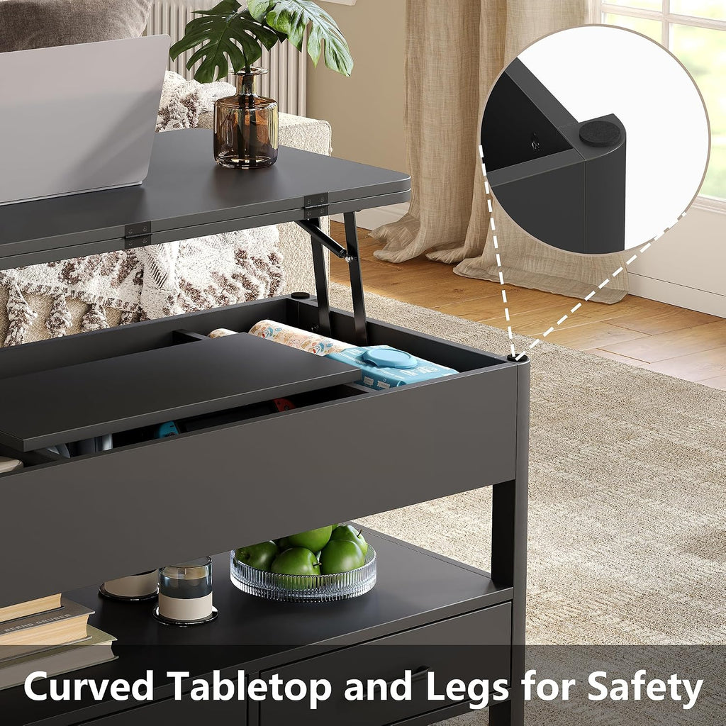 Lift Top Coffee Table, Converts to Dining Table for Living Room, Home Office, 4 in 1 Coffee Table with Storage, Center Table with Drawers and Hidden Compartment, Black