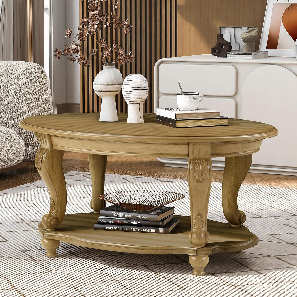 RuiSiSi 42' Oval Coffee Table for Living Room, Solid Wood 2-Tier Cocktail Table with Open Storage Shelf, Easy Assembly, Antique Natural