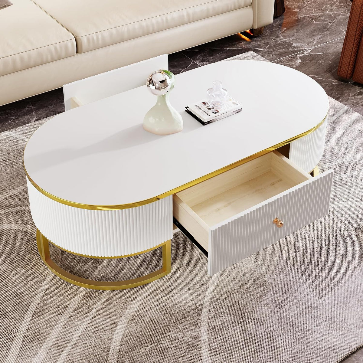 Coffee Table for Living Room, Modern Oval Shaped Coffee Table Set with 2 Drawers & Gold Metal Decor, Contemporary Luxury Cocktail Table Center Table for Office (White & Gold)