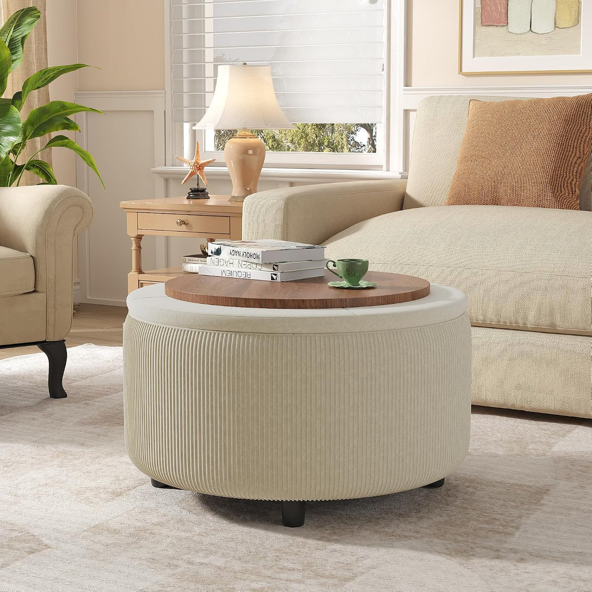 Vabches 30inch Round Storage Ottoman with Hidden Storage, Modern Ottoman Coffee Table with Removable Wood Top, Upholstered Foot Stool for Living Room, Sofa Side, Bedroom, Office (Beige, 30' W)