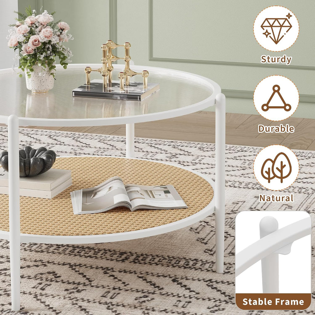 Garvee 30' Round Rattan Coffee Table with Storage, 2-Tier Circle Water-Wave Glass Center Table for Living Room, Modern Small Circle White End Table for Bedroom, Office, Apartment