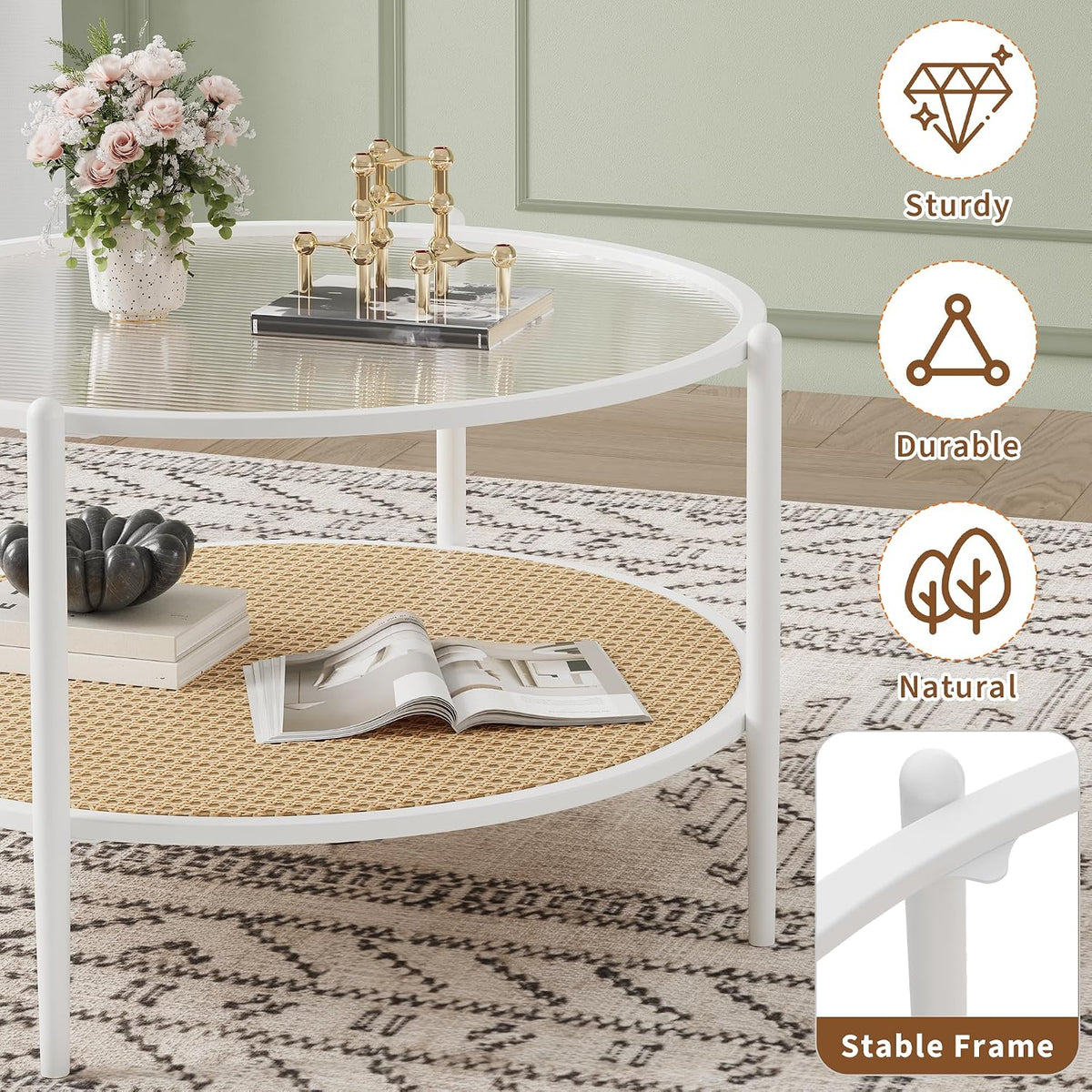 Garvee 30' Round Rattan Coffee Table with Storage, 2-Tier Circle Water-Wave Glass Center Table for Living Room, Modern Small Circle White End Table for Bedroom, Office, Apartment