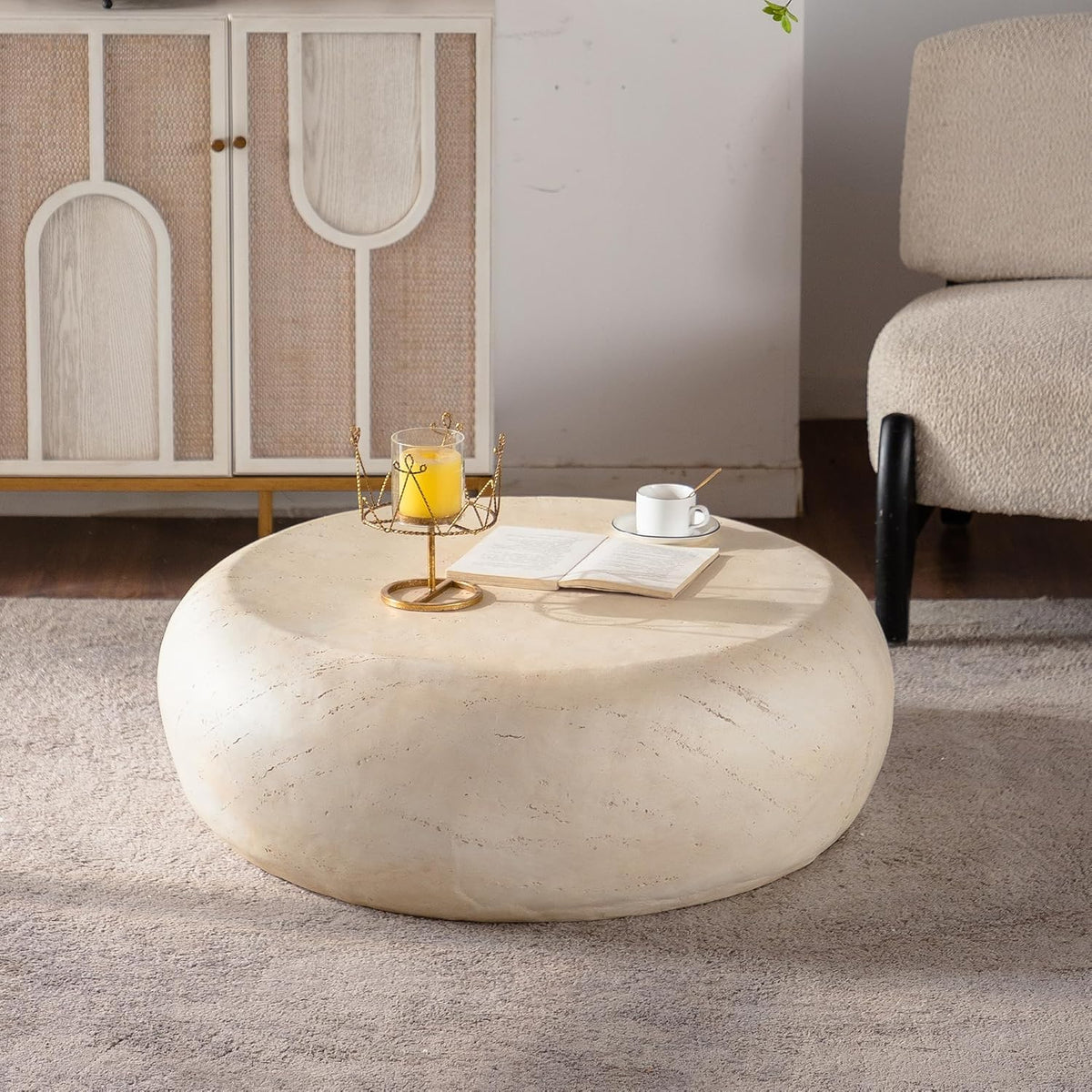 ø35.43'' Faux Stone Coffee Table Round Circle Drum Coffee Table for Living Room, Modern Contemporary Sturdy MGO (Magnesium Oxide) Material, No Assembly, Beige