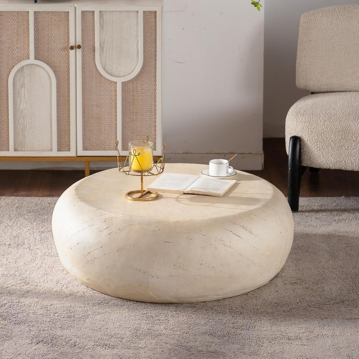 36'' Mid-Century Round Centre Coffee Table Vintage Faux Stone Sofa Pre-Modern Coffee Tables Beige Coffee Table for Living Room Office Apartment