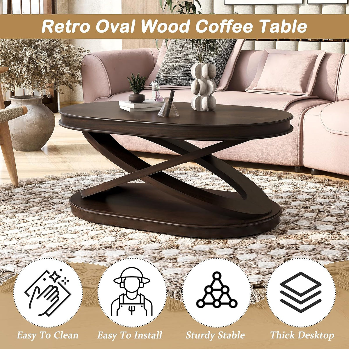Retro Coffee Table Sets 3 Pieces, Wood Living Room Table Set Include 44' Oval Coffee Table, Round End Table Set of 2