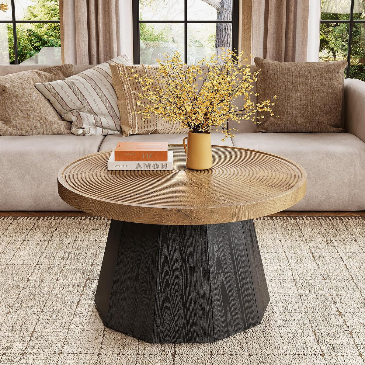 LITTLE TREE Round Coffee Table for Living Room, 31.5-Inch Farmhouse Center Table, Modern Circle Wooden Tea Tables for Office, Small Space, Reception, Brown