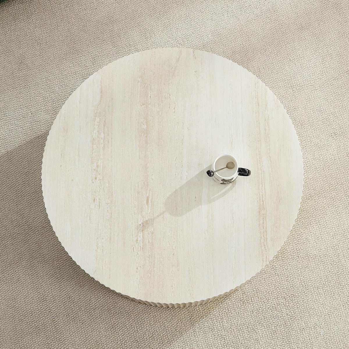 Round Coffee Table for Living Room, Circle Center Table Moder Faux Travertine Pattern Table with Relief Design for Apartment (35.43', MDF, No Assembly)