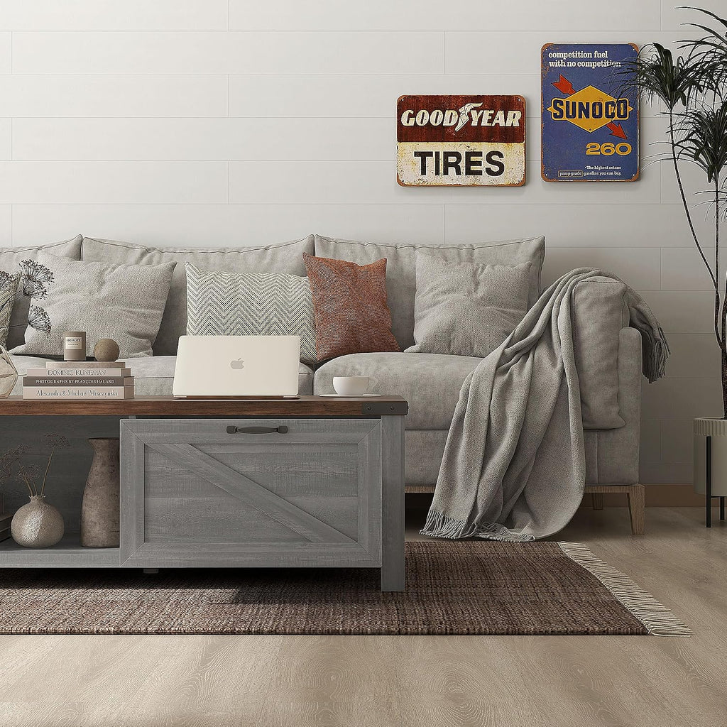 HOMCOM Farmhouse Coffee Table with Storage and Drawer, Rustic Coffee Table for Living Room, Open Shelf, Distressed Gray