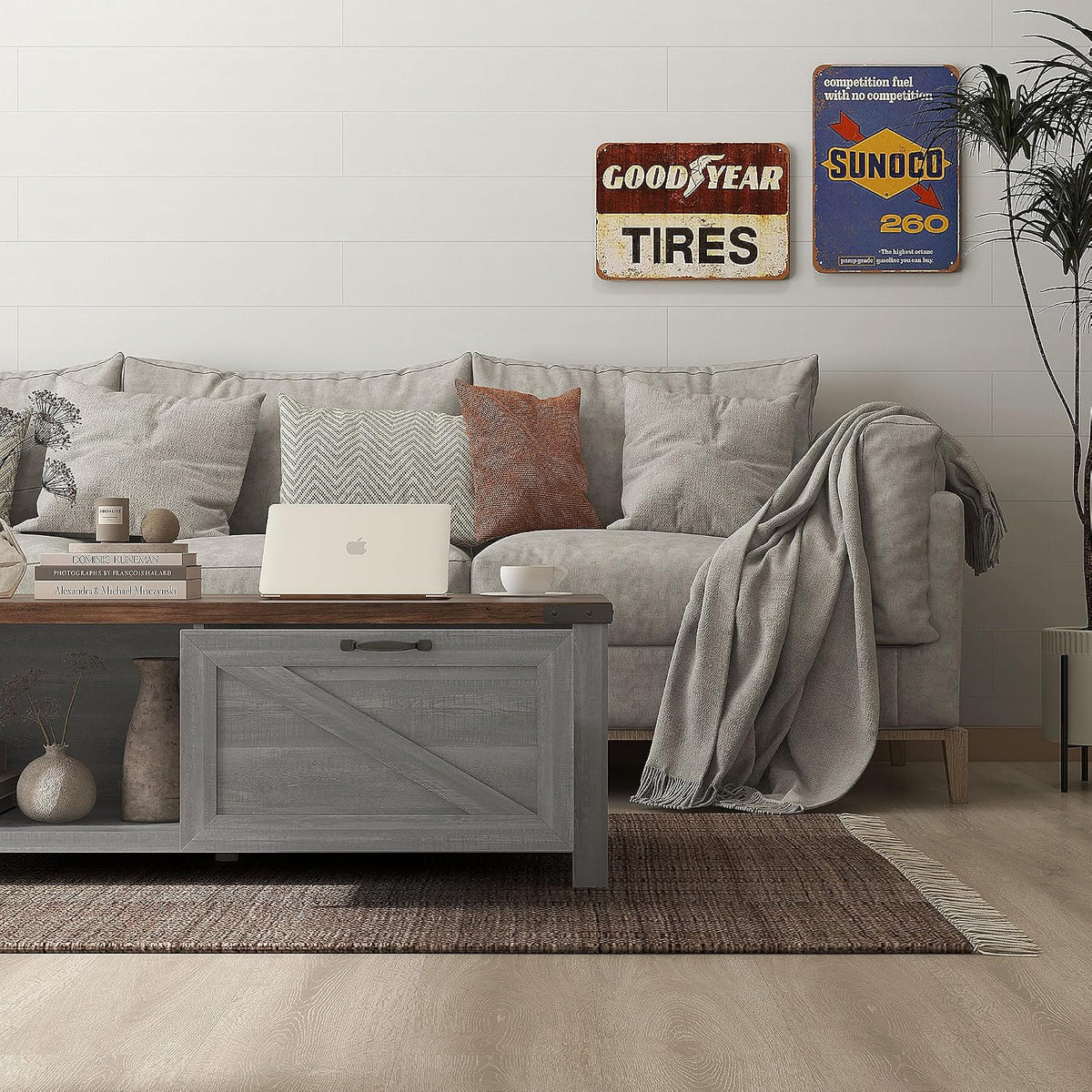 HOMCOM Farmhouse Coffee Table with Storage and Drawer, Rustic Coffee Table for Living Room, Open Shelf, Distressed Gray