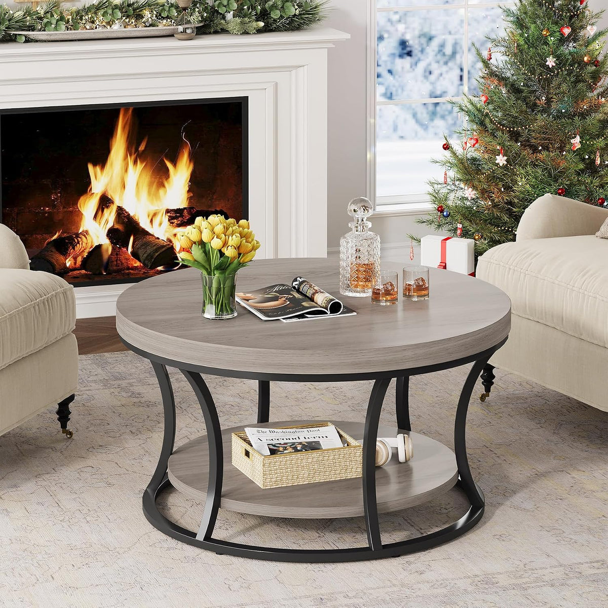 Round Coffee Table for Living Room, 2-Tier Circle Coffee Table with Storage, Accent Center Table Modern Design, Gray Brown and Black