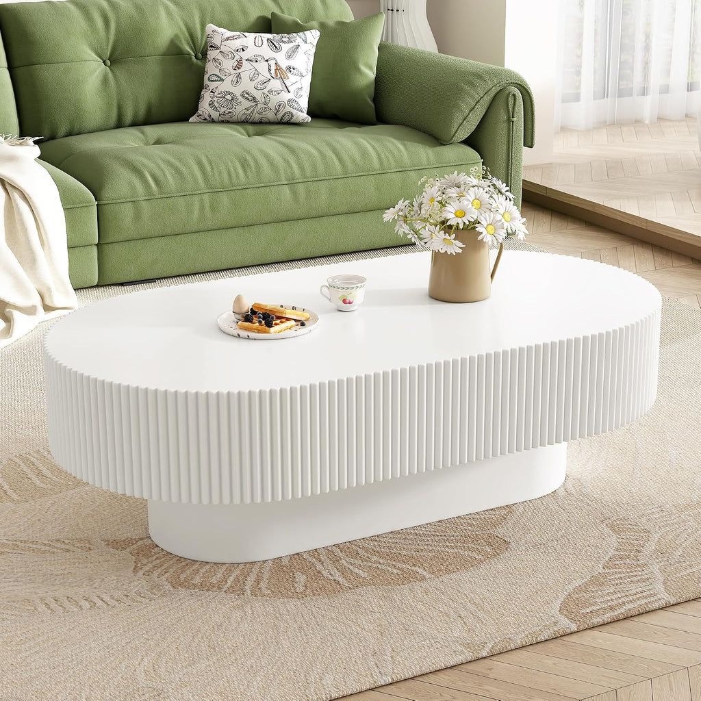 43.3' Oval Fluted Coffee Table with Thick Tabletop, Modern Wood Center Table with Sturdy Base for Living Room, Easy Assembly (White)