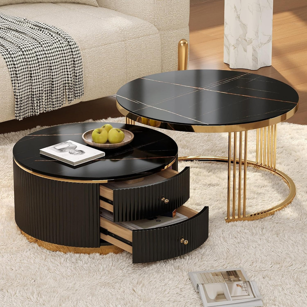 27.6' Black Nesting Coffee Table Set of 2, Modern Round White Coffee Table for Living Room with Storage Drawer Marble Tabletop End Side Table for Bedroom
