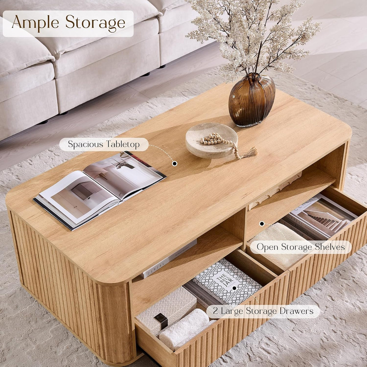 ACCOHOHO 51' Fluted Coffee Table with Storage, Large Modern Center Table with 2 Drawers, Rectangle Wood Coffee Table for Living Room