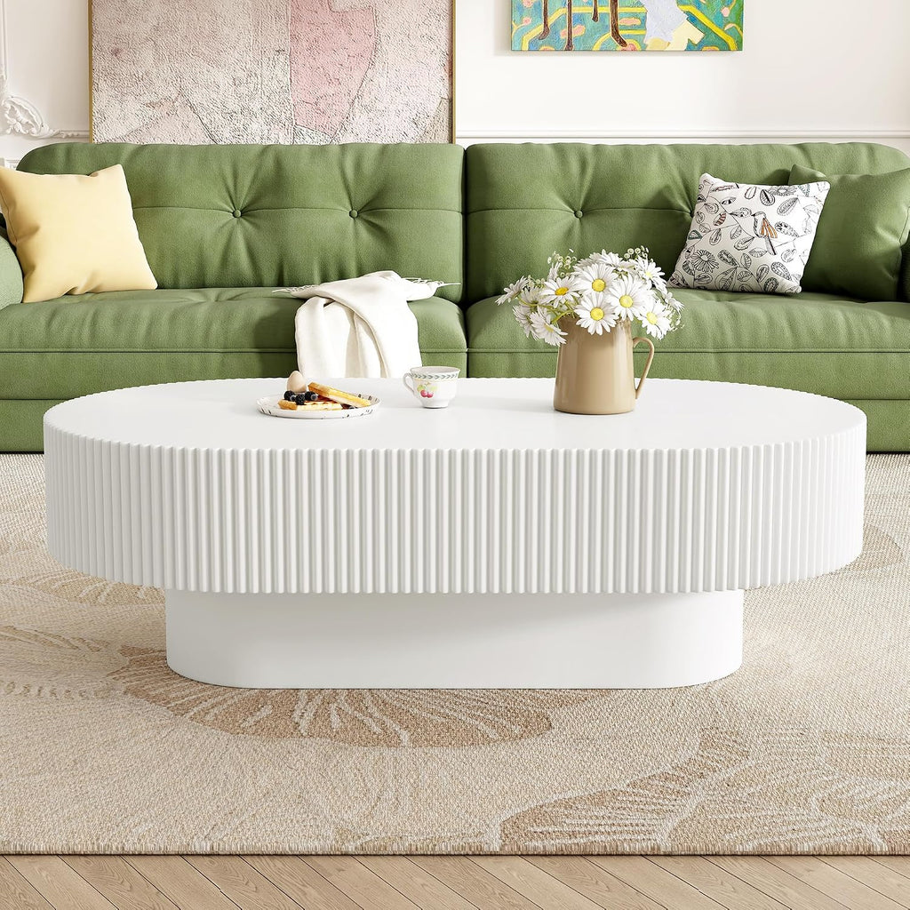 43.3' Oval Fluted Coffee Table with Thick Tabletop, Modern Wood Center Table with Sturdy Base for Living Room, Easy Assembly (White)