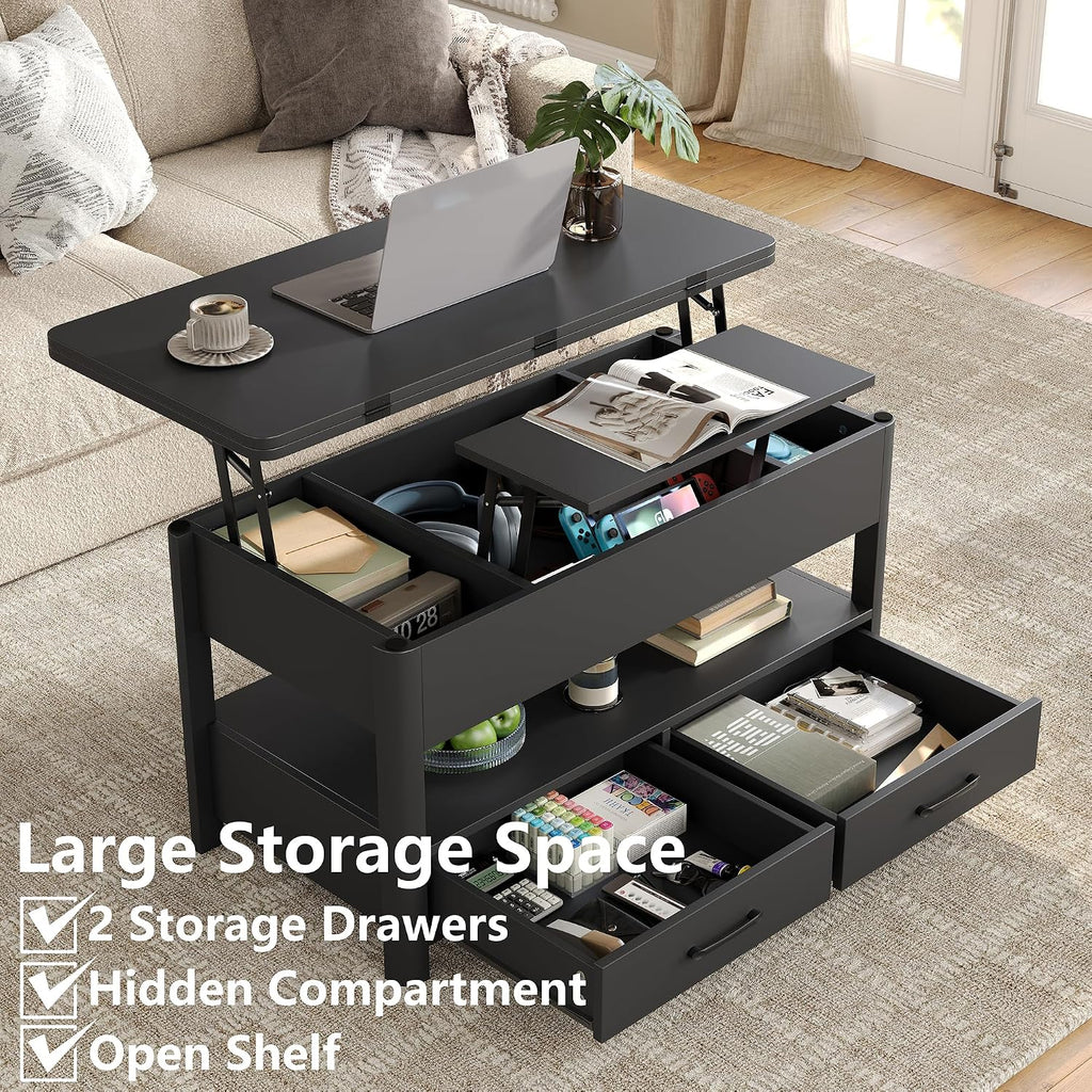 Lift Top Coffee Table, Converts to Dining Table for Living Room, Home Office, 4 in 1 Coffee Table with Storage, Center Table with Drawers and Hidden Compartment, Black