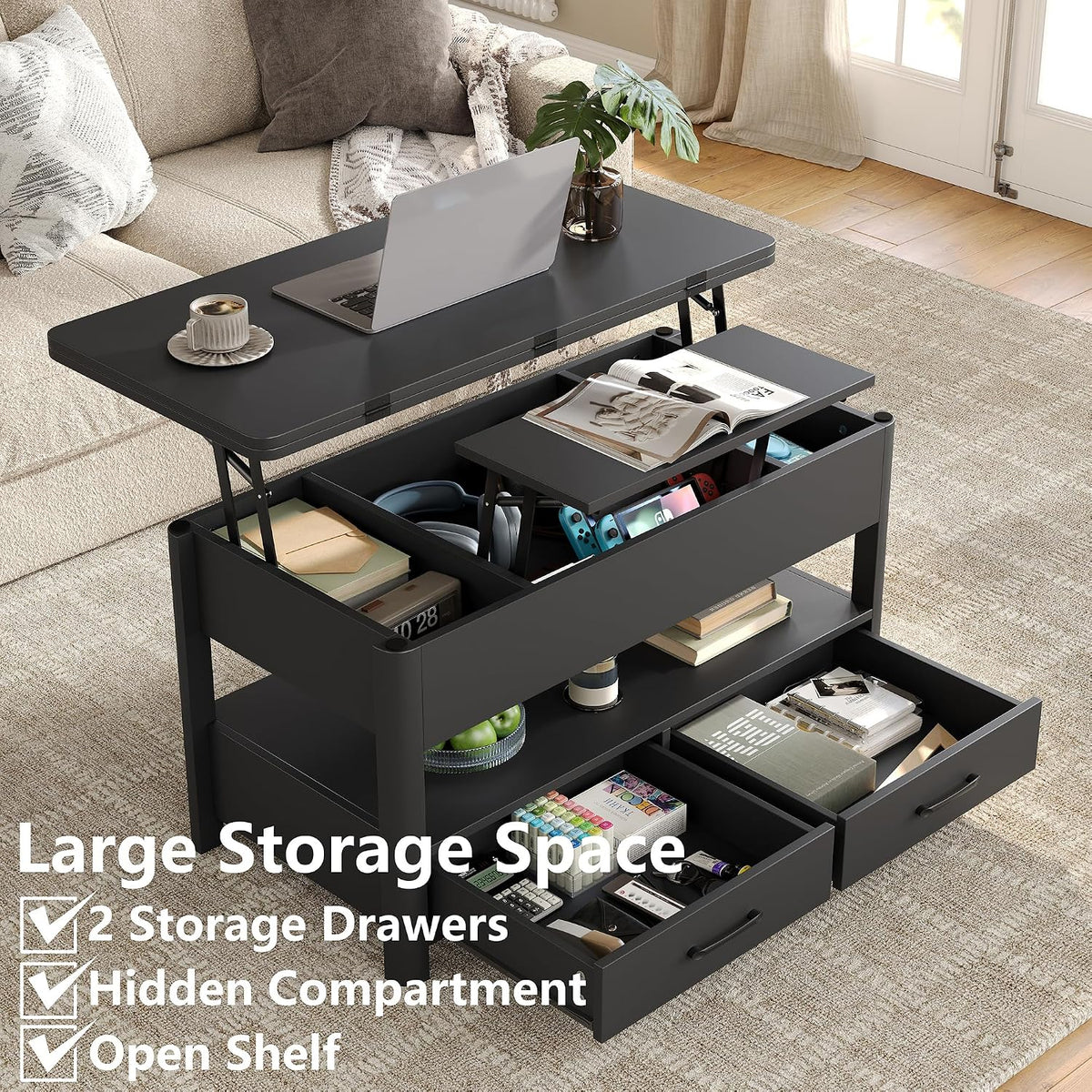Lift Top Coffee Table, Converts to Dining Table for Living Room, Home Office, 4 in 1 Coffee Table with Storage, Center Table with Drawers and Hidden Compartment, Black