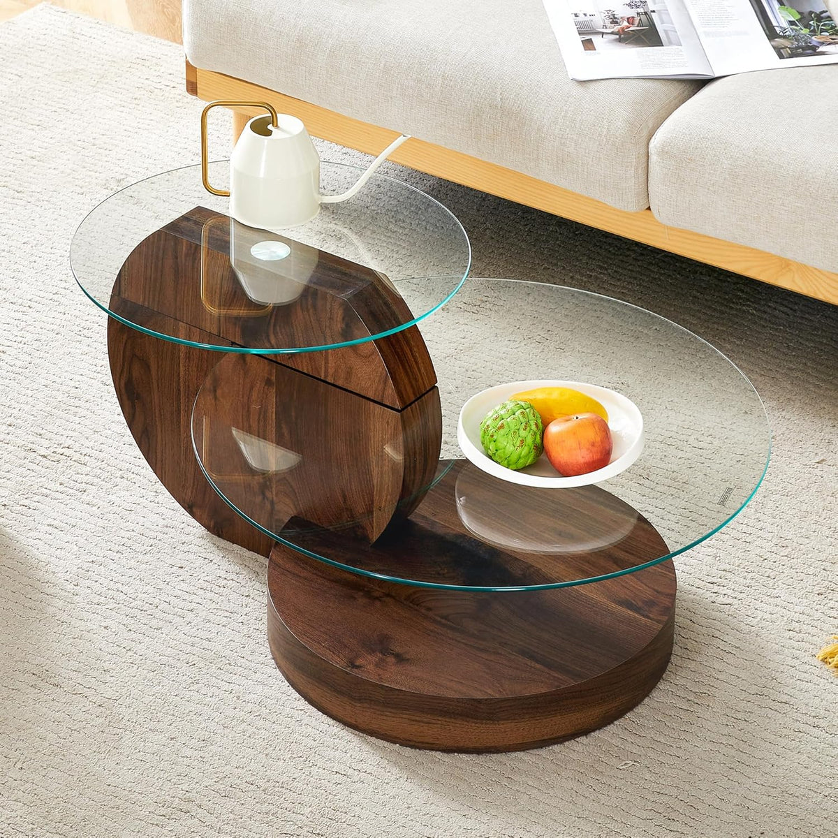 Ebullient Modern Round Glass Coffee Table, 3-Tier Wood Base Geometric Center Table for Living Room, Contemporary Accent Furniture, 35.4 Inch